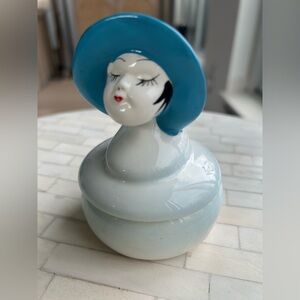 Vintage Ceramic I W Rice Round Art Deco Flapper Girl Blue Powder Vanity Trinket